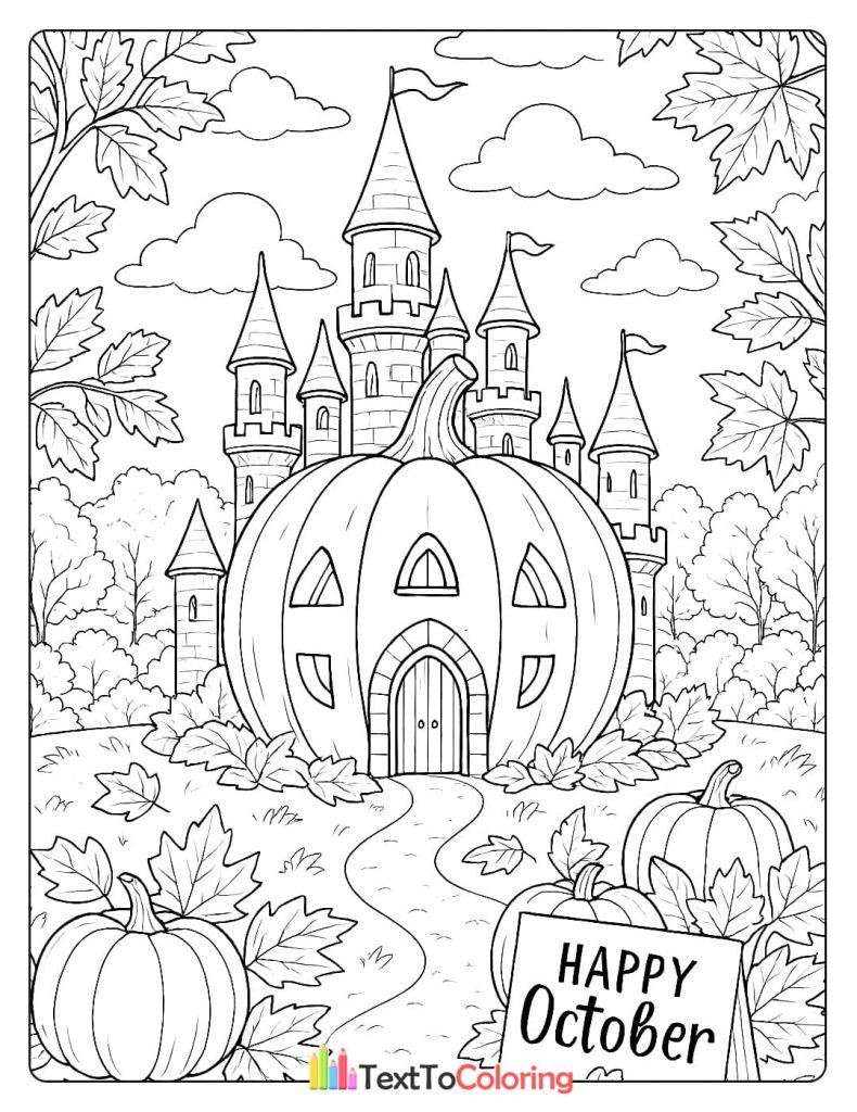 A fairytale castle with towers and flags, built from a giant pumpkin, surrounded by other pumpkins and fall leaves.