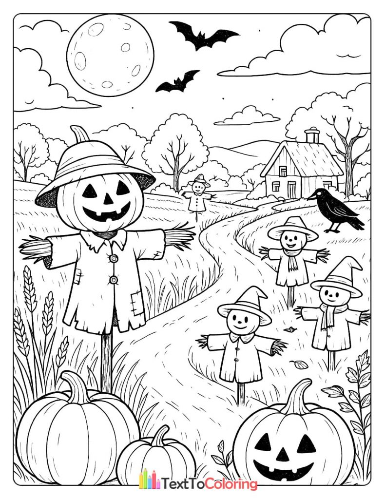 A field of scarecrows with pumpkin heads and a big one in the foreground, with a full moon and bats.