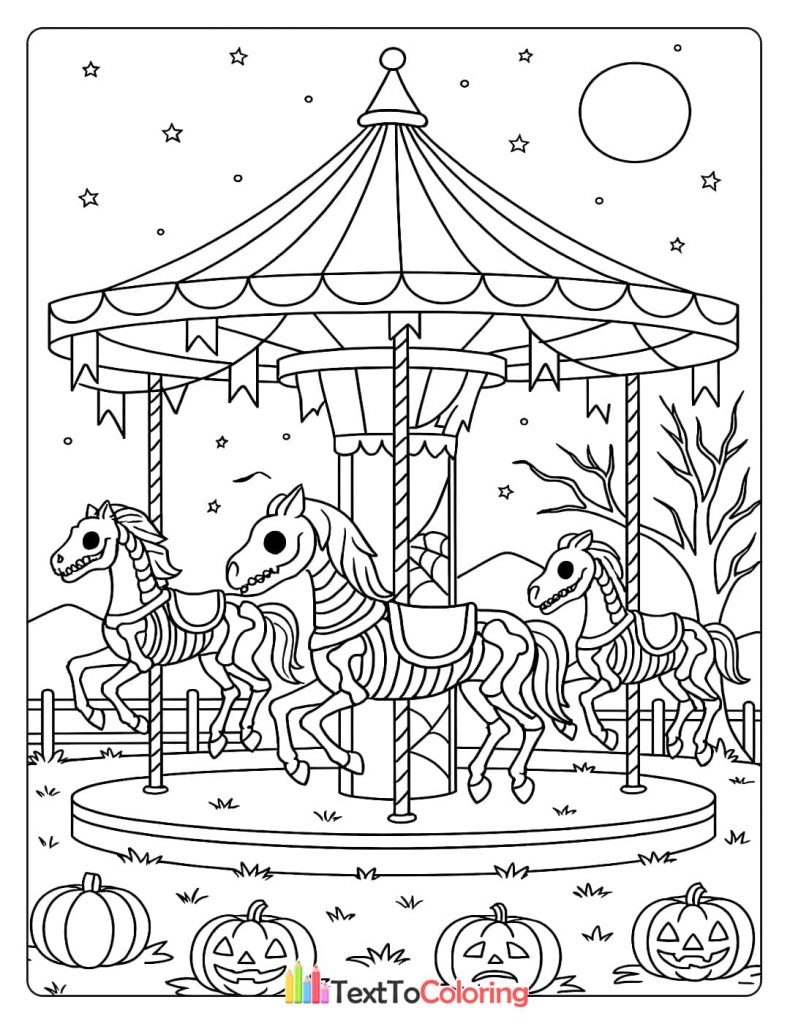 Halloween funhouse carousel with skeleton horses under the moon