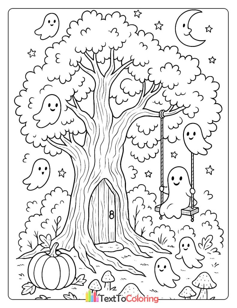 A giant tree with a door and ghosts floating around it, with one ghost on a swing and a crescent moon in the sky.