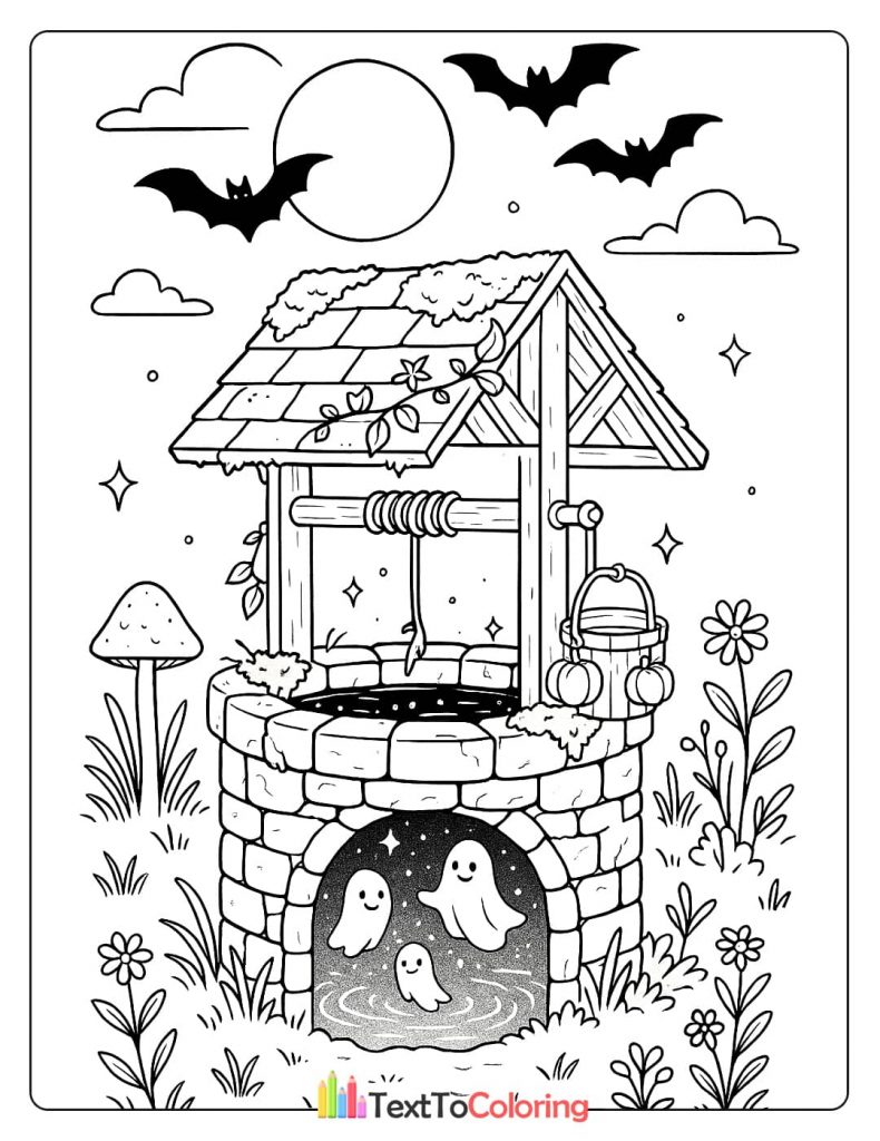 A stone wishing well under a full moon with friendly ghosts floating inside and bats flying above.