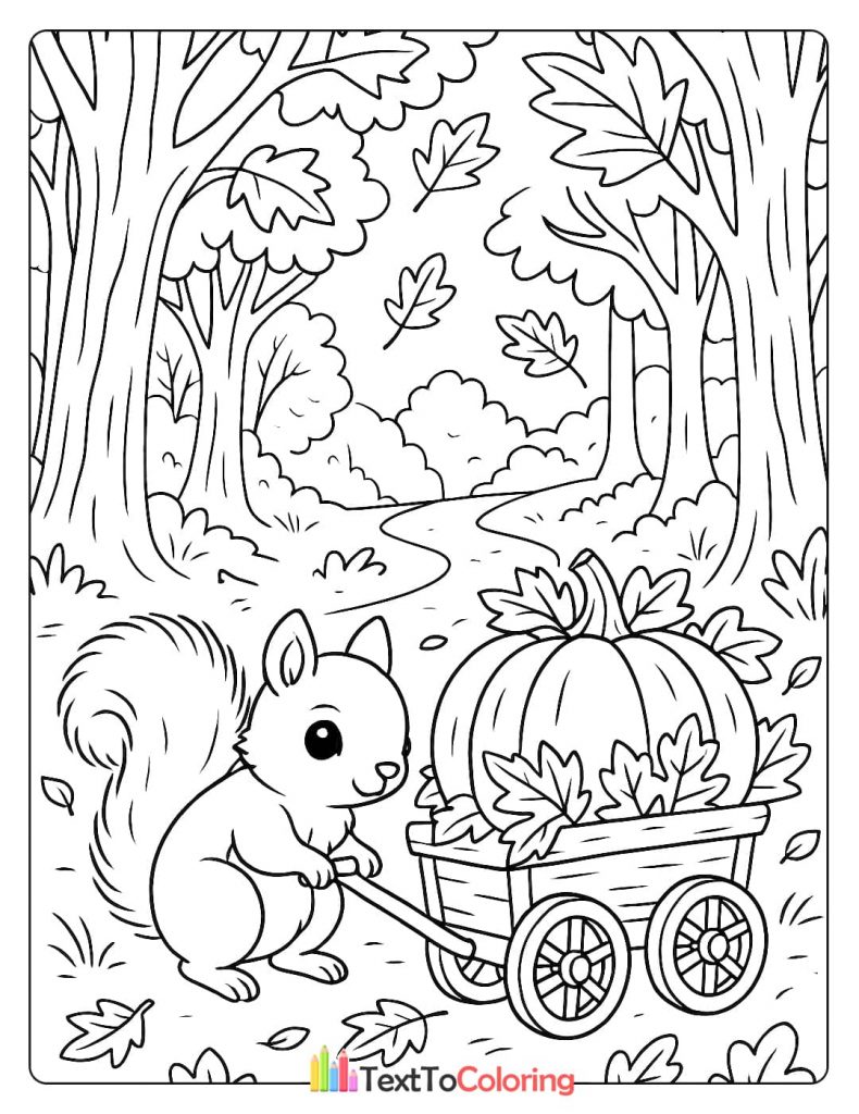 A cute squirrel is pulling a wagon filled with a pumpkin and leaves through the woods.