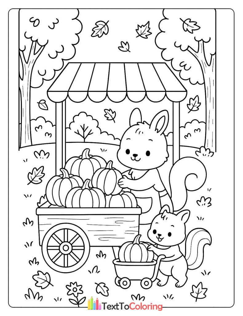 A printable coloring page showing two squirrels with a wagon full of pumpkins under falling autumn leaves.