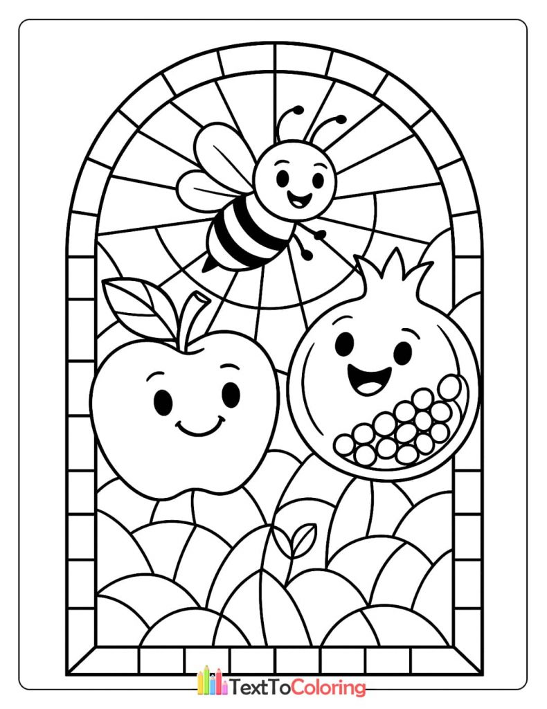 A coloring page designed in a stained glass style with an apple, a pomegranate, and a bee.