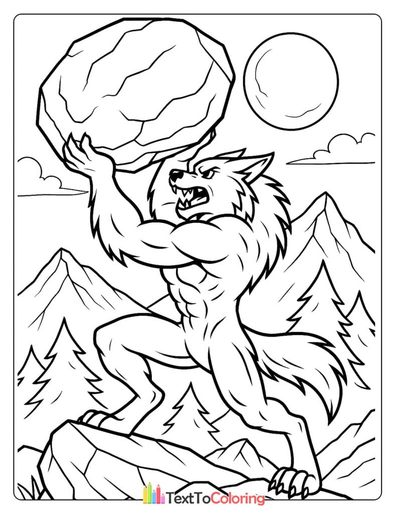 A muscular werewolf lifting a huge boulder over its head in a mountain scene.