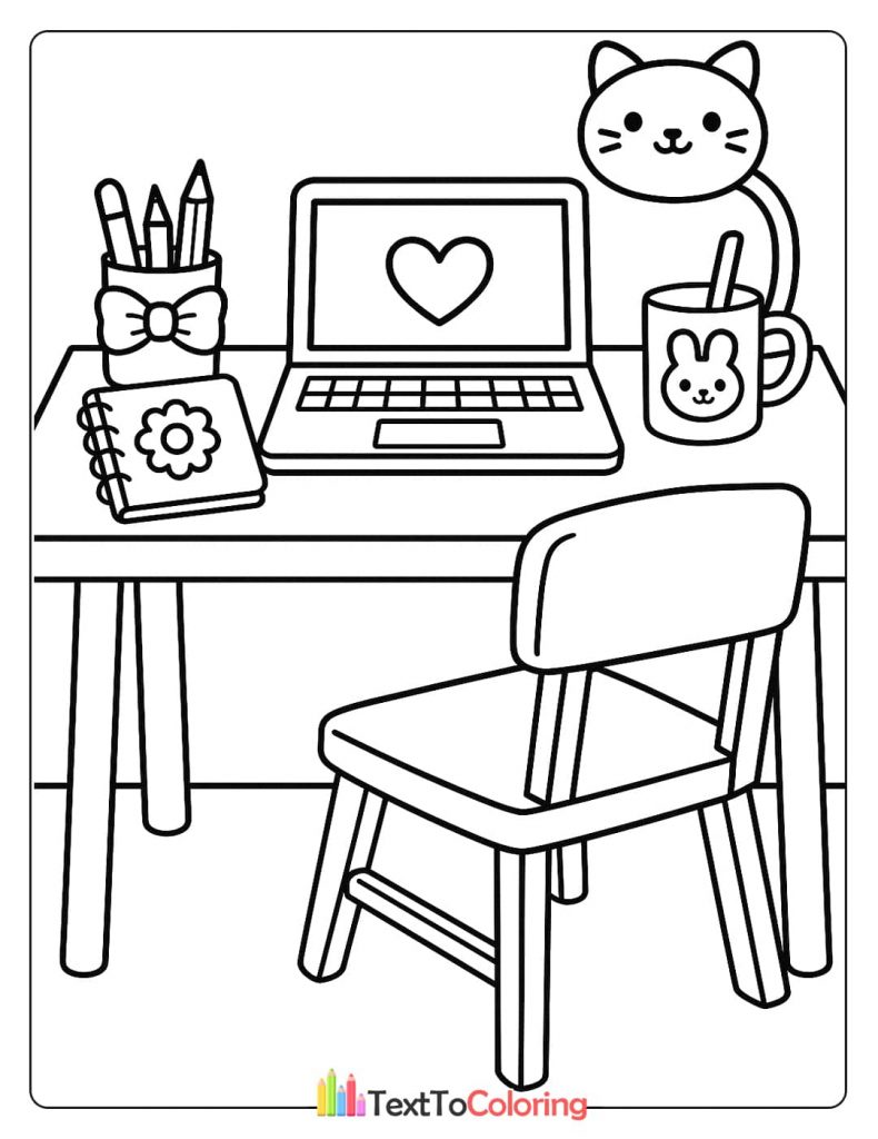 A detailed coloring page of a study desk with a laptop, a cat-shaped mug, and a pencil holder with a bow.