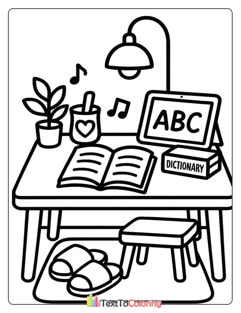 A coloring page of a study desk with an open book, a tablet, a dictionary, a potted plant, and a lamp.