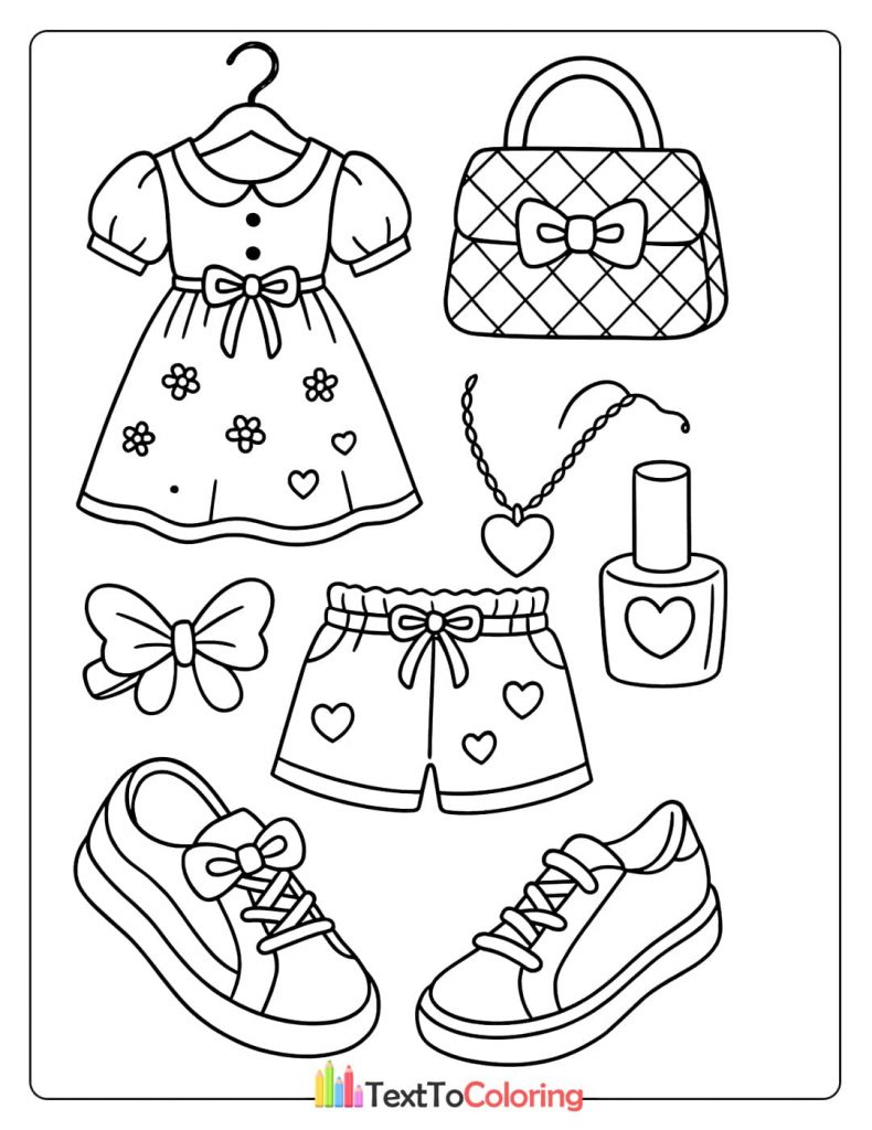 A fashion-themed coloring page with a cute dress, a handbag, a necklace, and a pair of sneakers.