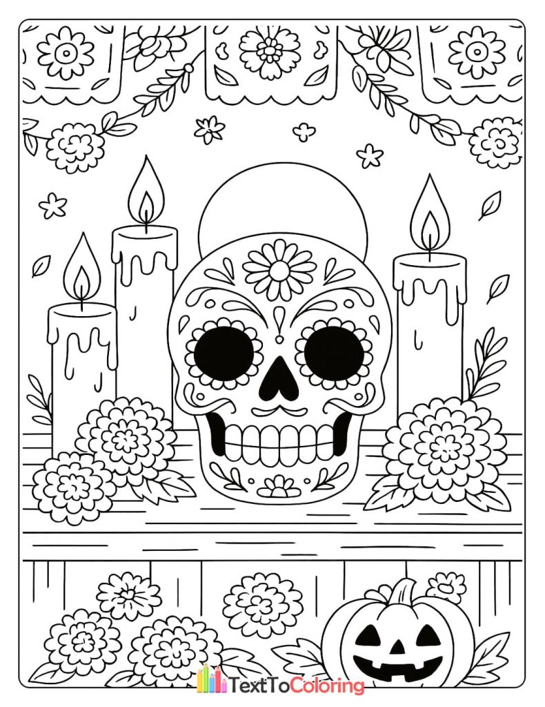 Decorative sugar skull with flowers candles and a pumpkin