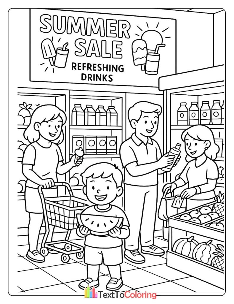 A family shopping at a mini-mart during a summer sale. A boy holds a slice of watermelon, and the store sign advertises refreshing drinks.