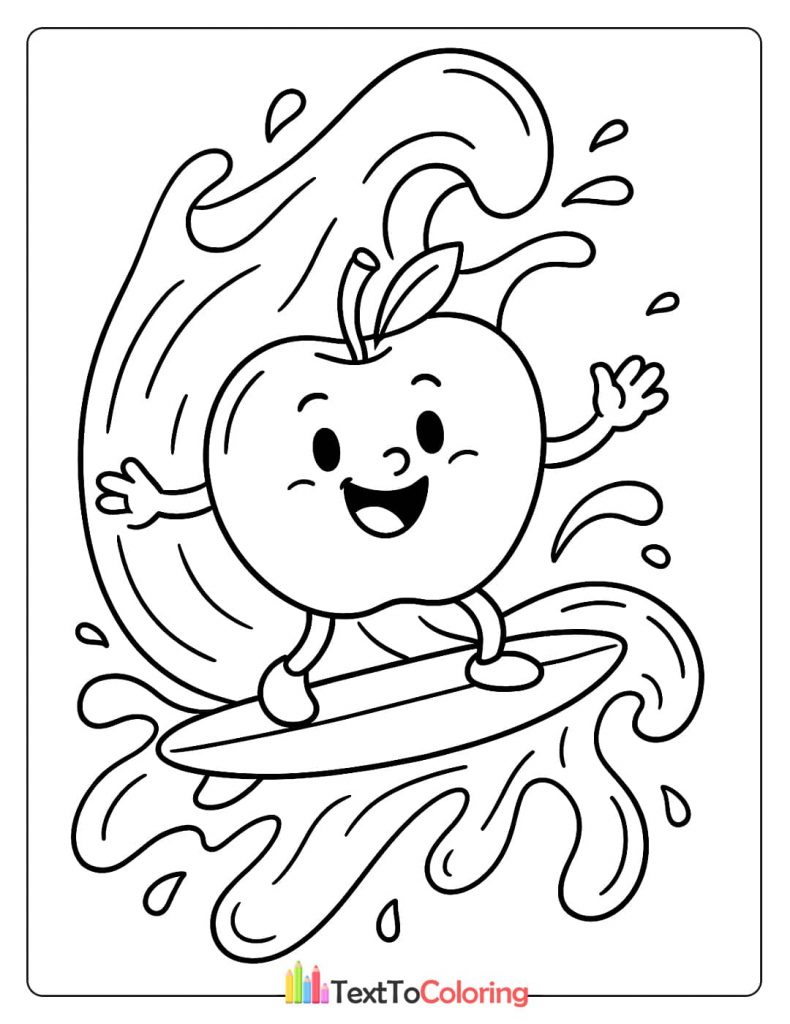 A cartoon apple with a big smile, surfing on a wave.