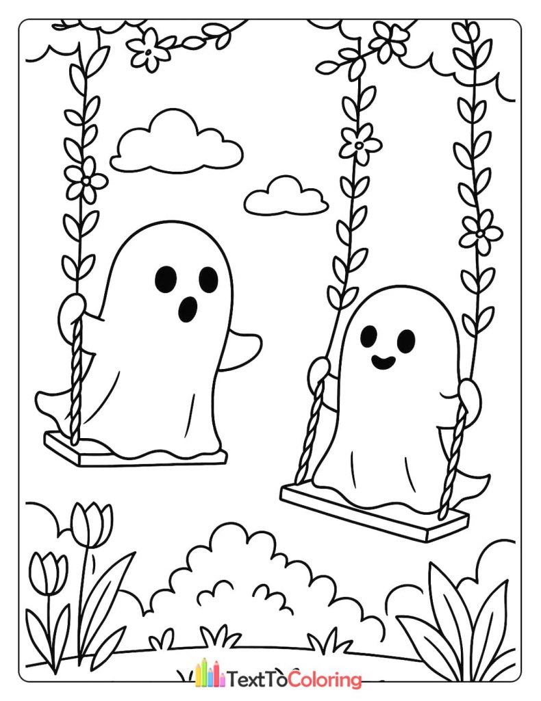 Two happy ghosts swinging side by side on a swingset surrounded by flowers and plants.