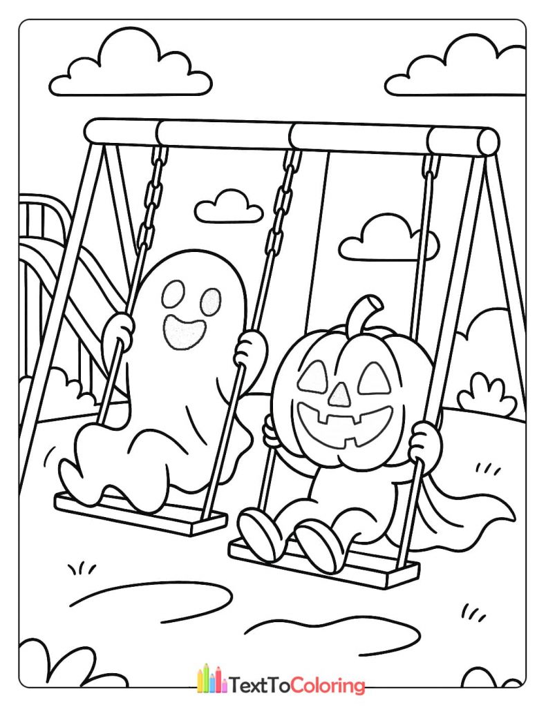 A ghost and a pumpkin character happily swinging side-by-side on a swingset in a park.