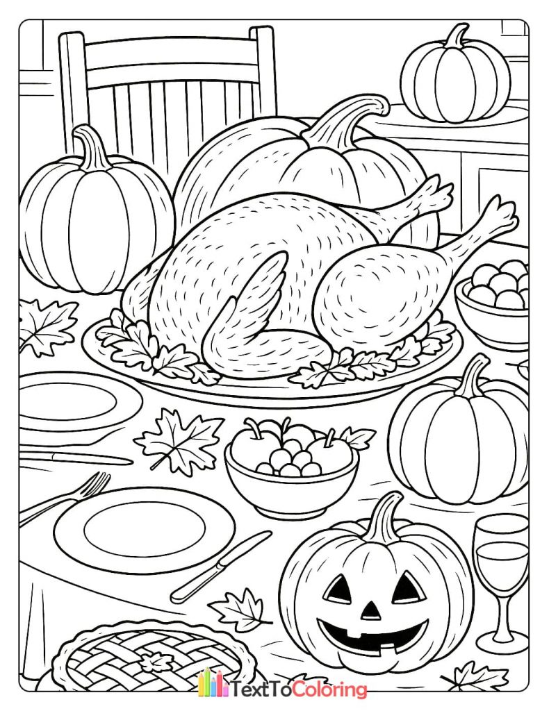 A holiday table set for a Thanksgiving meal with a roasted turkey, pumpkins, and a pie.
