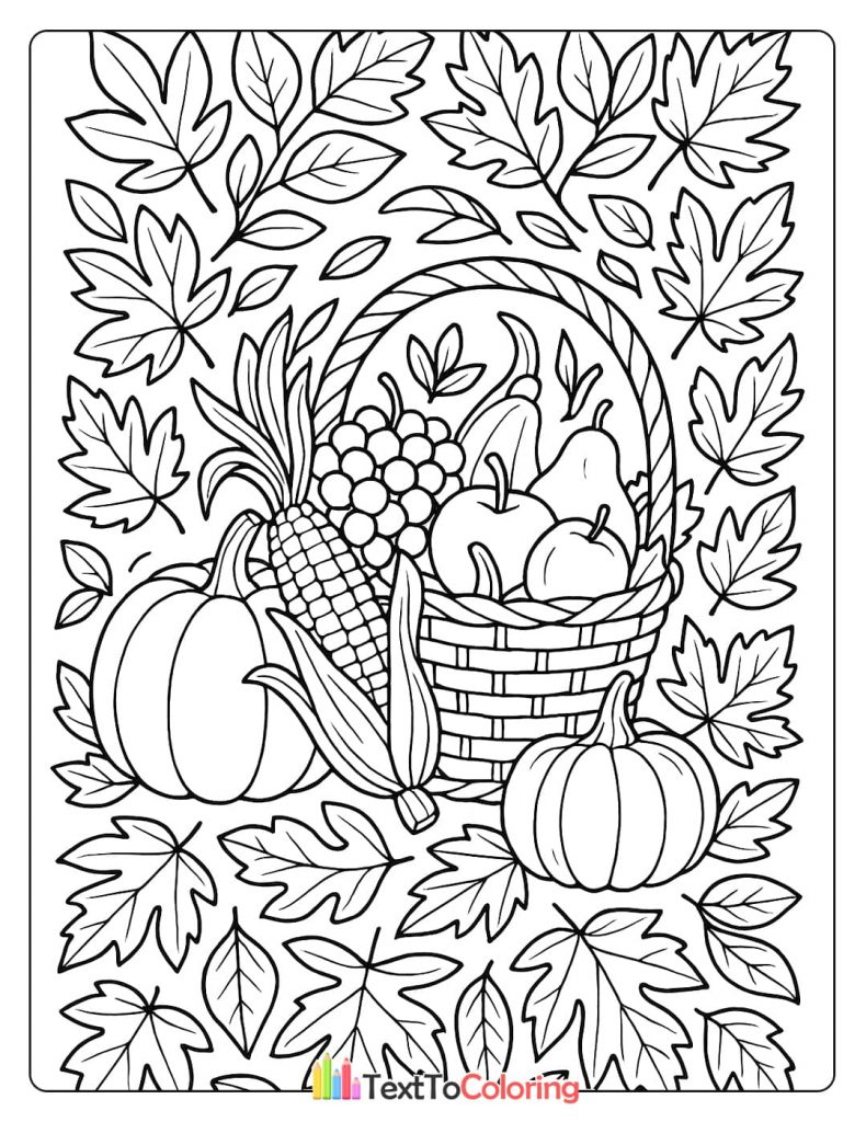 A coloring page with a basket of fruit and fall harvest items like pumpkins and corn surrounded by leaves.