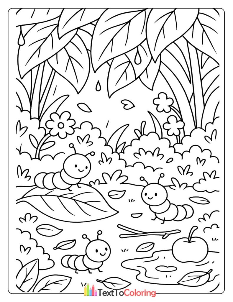 Simple coloring page of three happy caterpillars surrounded by leaves and plants in a forest floor scene.