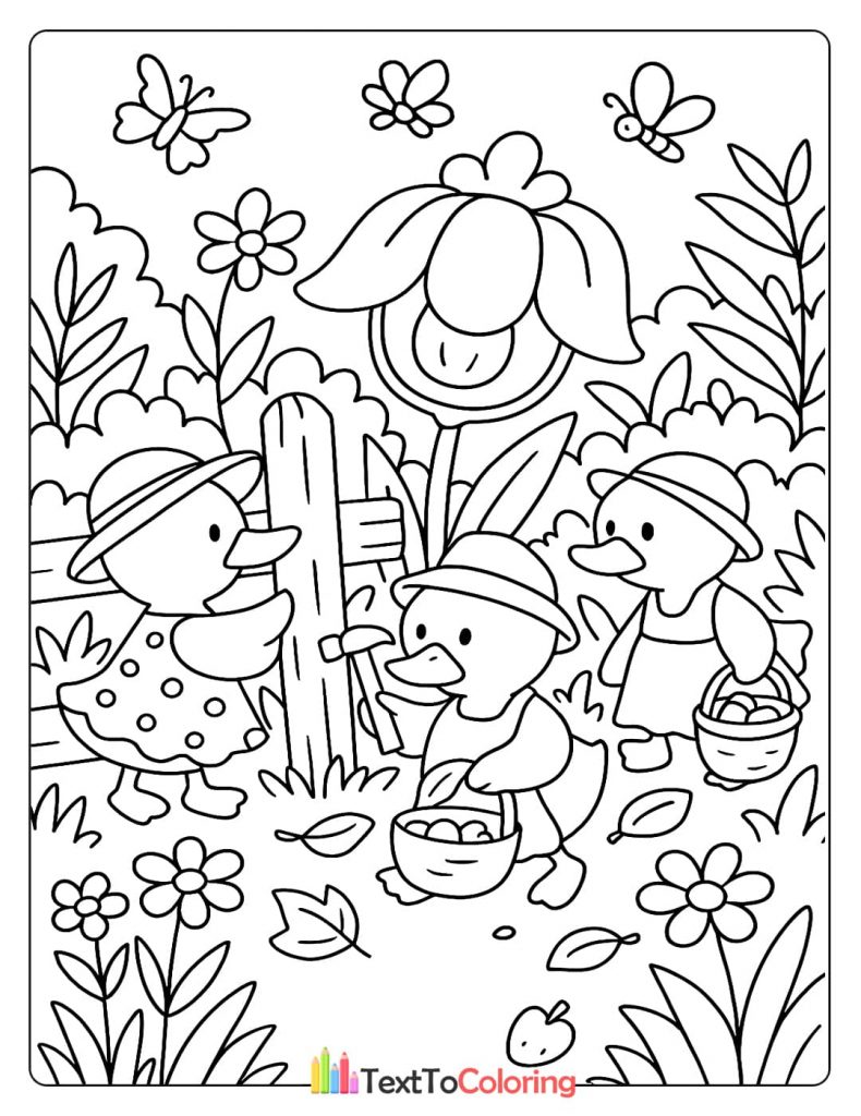 Charming coloring page of three ducklings with hats and baskets, playing near a large flower.