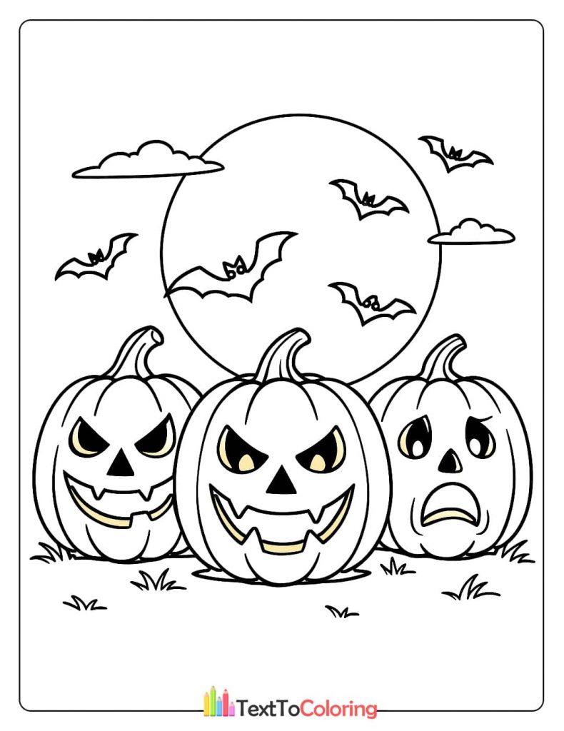 Three Halloween pumpkins with different carved faces coloring