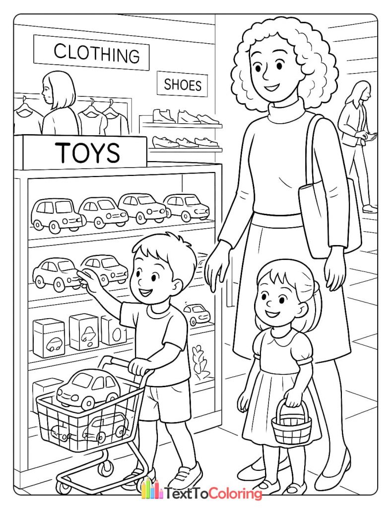 A mother with her son and daughter shopping in the toys section of a store, with the boy reaching for a toy car on the shelf.
