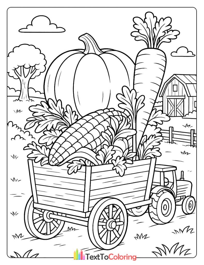 A coloring page of a small tractor pulling a cart filled with giant vegetables, including a pumpkin, a carrot, and an ear of corn, with a barn in the background.