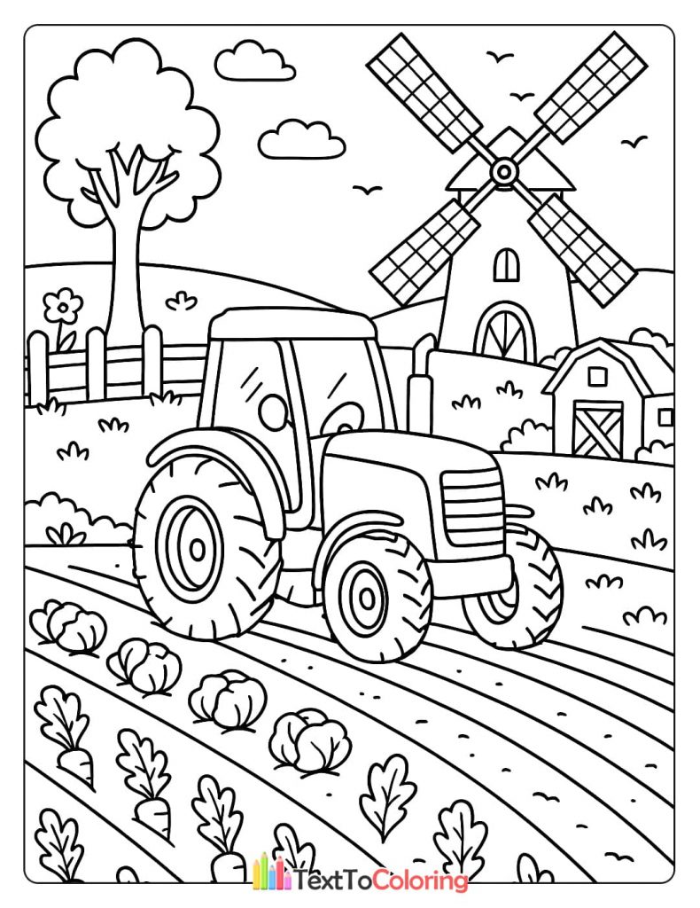 A coloring page of a tractor driving through a field of cabbage and carrots, with a windmill and a barn in the background.