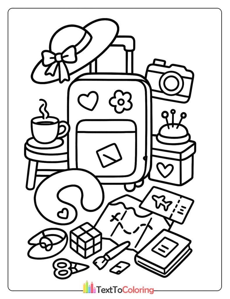A fun travel-themed coloring page with a suitcase, a passport, a camera, a map, and a neck pillow.
