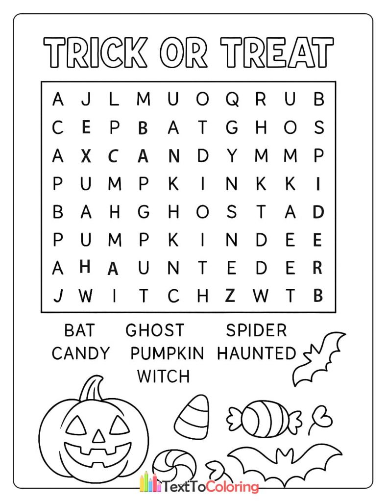 Halloween word search game with pumpkin candy and bats