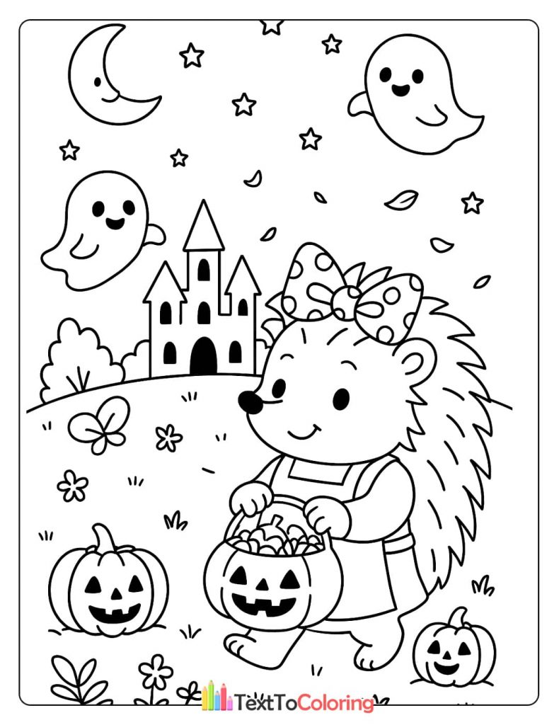 A girl hedgehog with a bow on her head, holding a jack-o-lantern candy bucket while trick-or-treating near a castle.