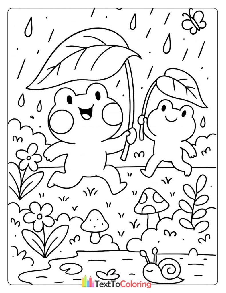 Adorable coloring page of two happy frogs walking with leaf umbrellas in the rain with a snail.