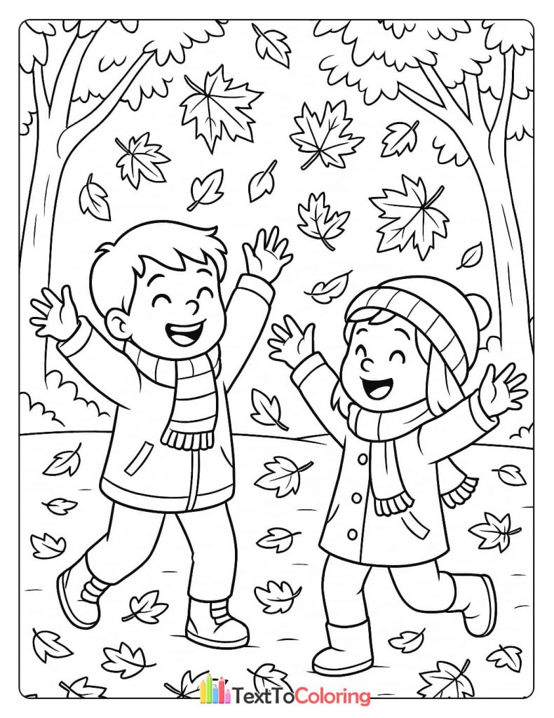 A coloring page of two happy children in warm clothes throwing autumn leaves into the air.
