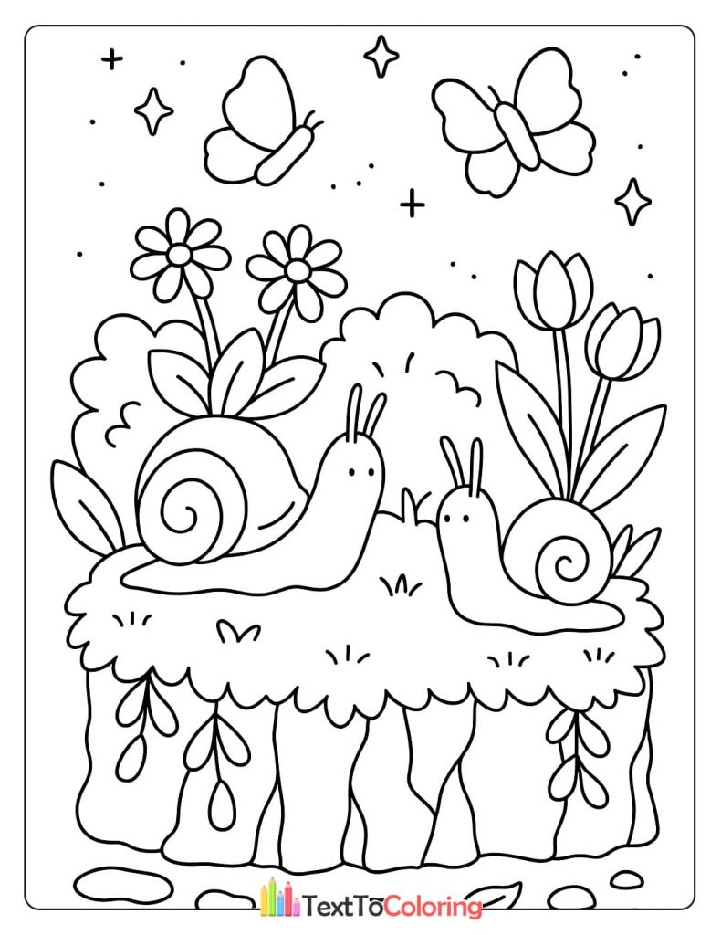 Coloring page of two snails on a grassy ledge with tulips and butterflies flying overhead.