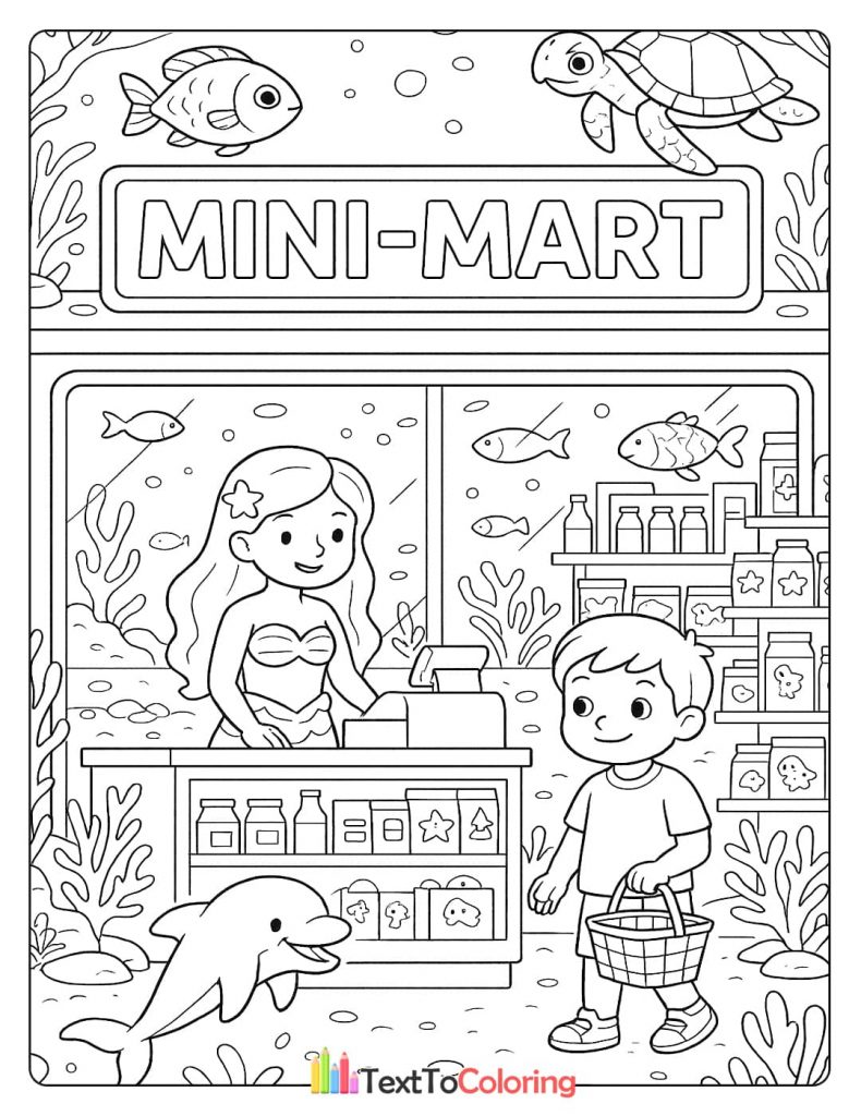 Two boys shopping at an underwater mini-mart with a mermaid cashier. Fish, a turtle, and a dolphin are swimming around them.
