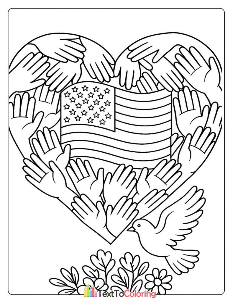 Patriot Day coloring page with hands forming a heart around an American flag