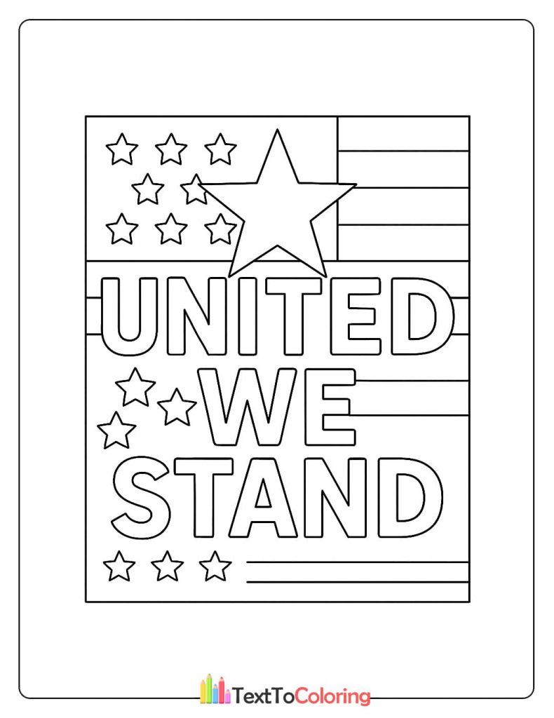 Patriot Day coloring page with "United We Stand" and an American flag