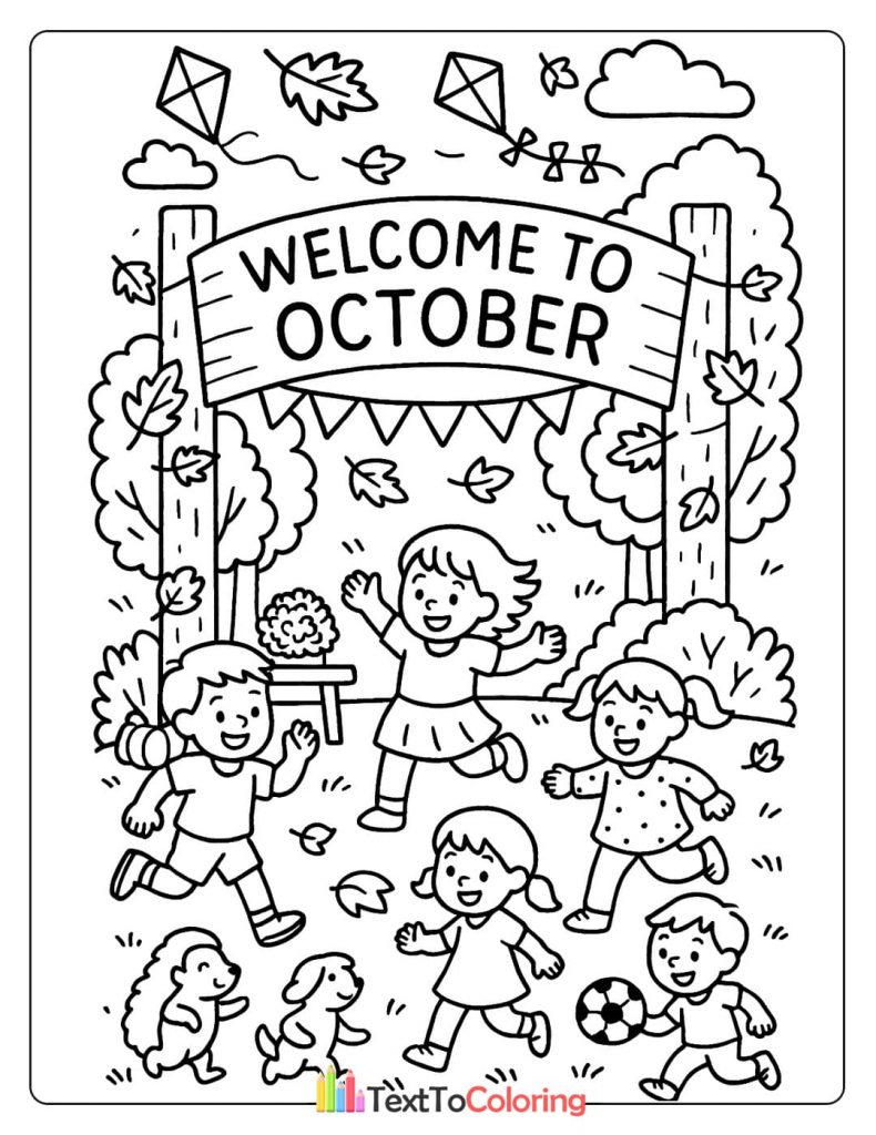 A group of kids, a hedgehog, and a dog playing together in a park under a sign that says "Welcome to October."
