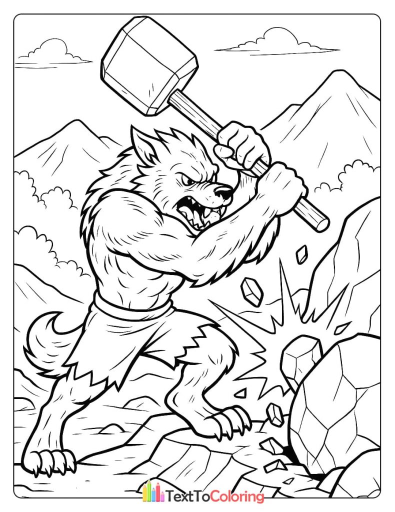 A strong werewolf swinging a large hammer to break rocks in a rocky landscape.
