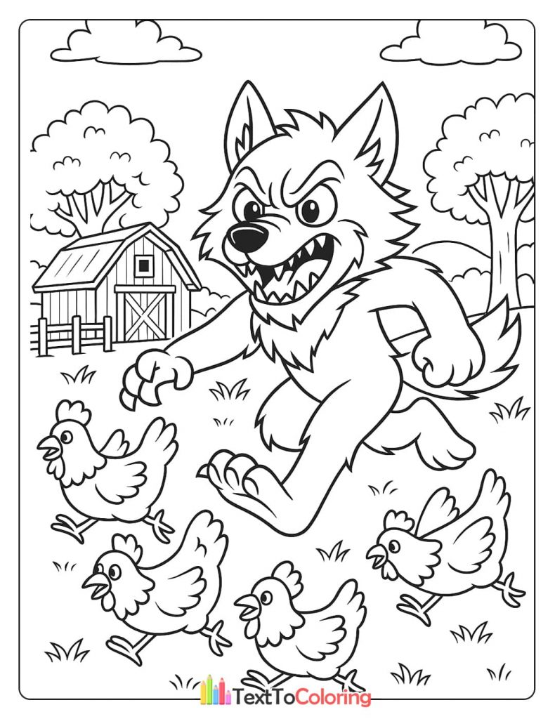 A werewolf with a mean grin chasing chickens in a farmyard with a barn.