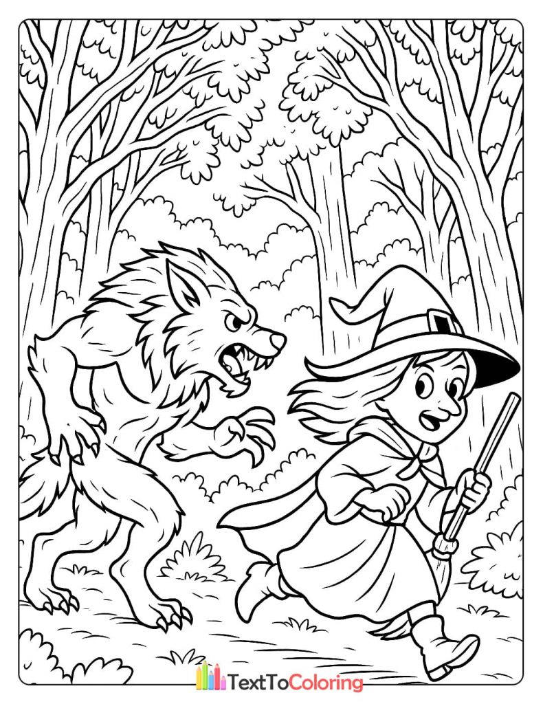 A fierce werewolf chasing a young witch with a broomstick through a forest.
