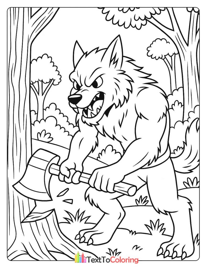 A werewolf holding an ax, preparing to chop a log in a forest.