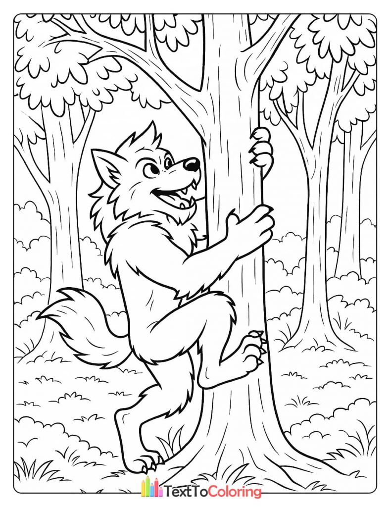 A werewolf smiling as it climbs up the trunk of a large tree in the forest.