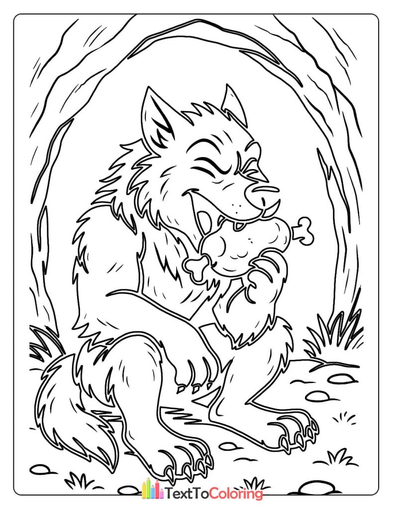 A hungry werewolf with a big smile, sitting and eating a large turkey leg.