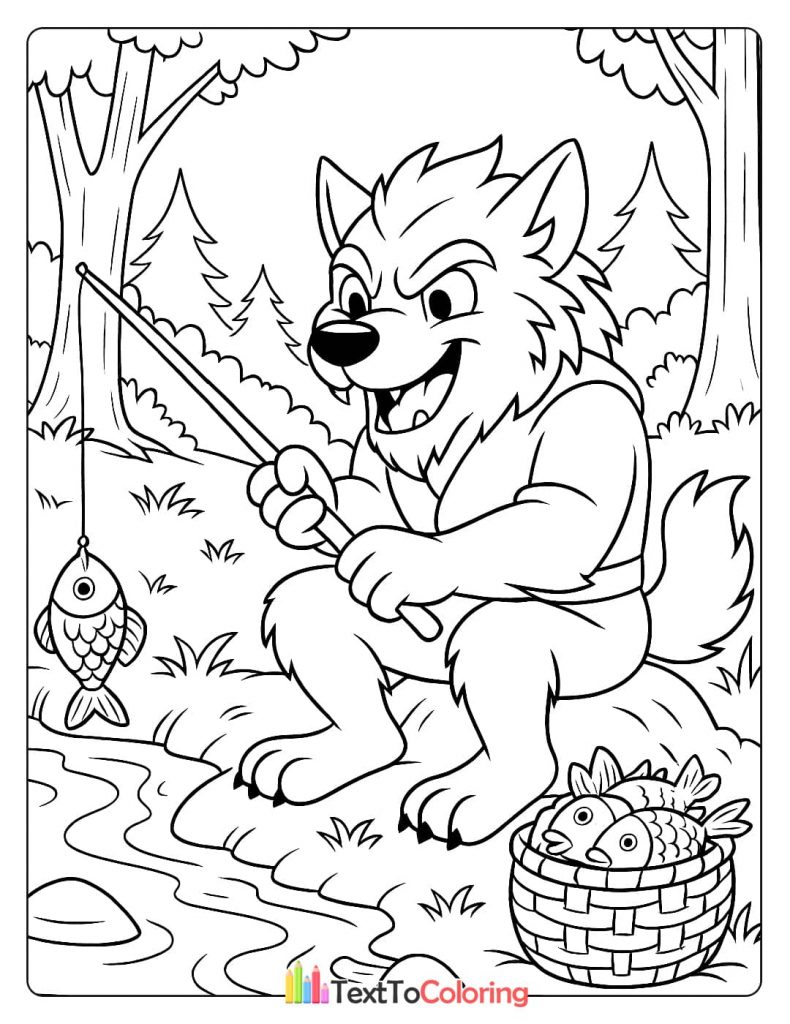 A werewolf smiling while holding a fishing rod, with a basket of fish nearby.