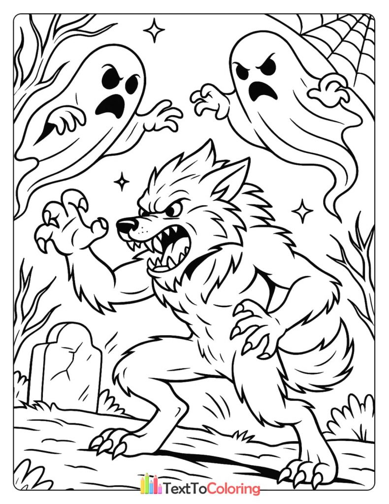 A fierce werewolf with large claws facing two spooky ghosts in a graveyard.