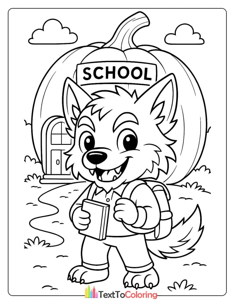 A friendly werewolf student with a backpack and a book in front of a pumpkin-shaped school.