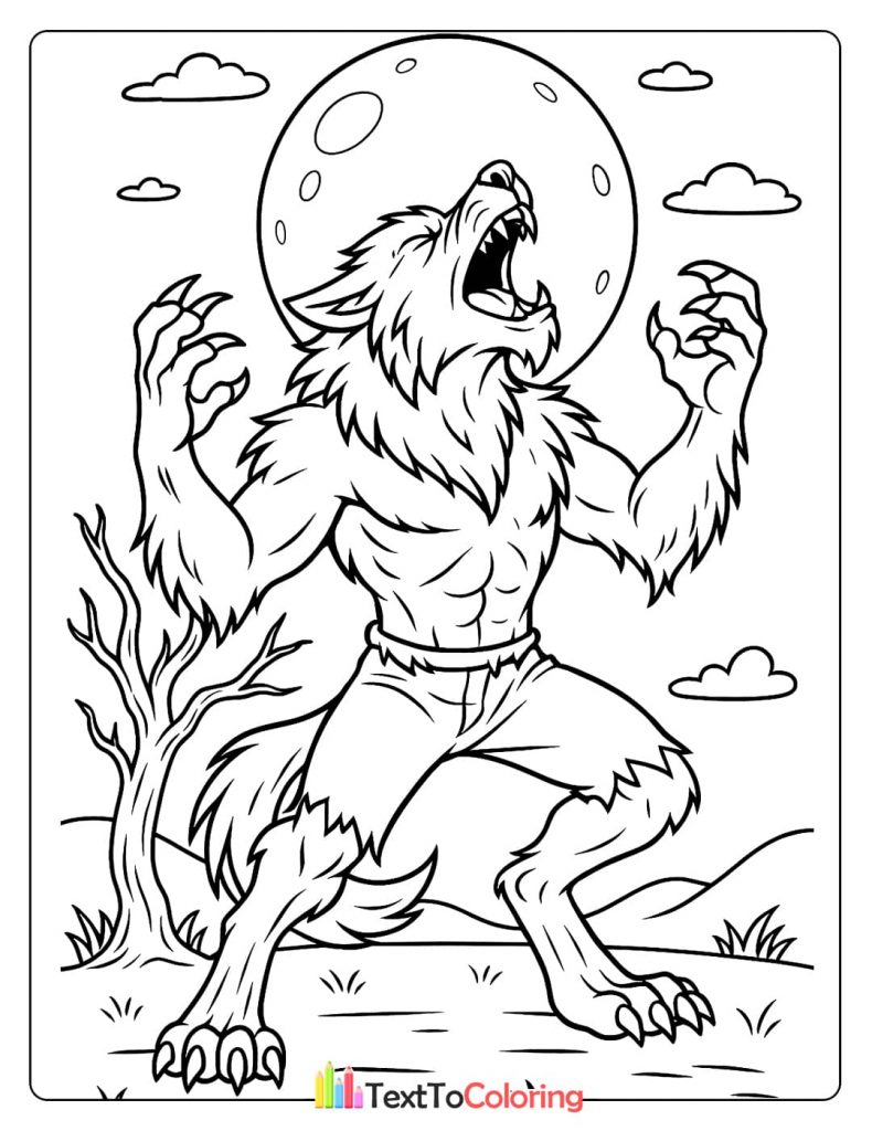 A fierce werewolf with large claws and fangs, howling at a full moon in a night sky.