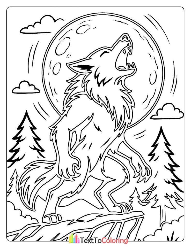 A large werewolf howling with its head tilted back, standing on a rocky cliff with pine trees.