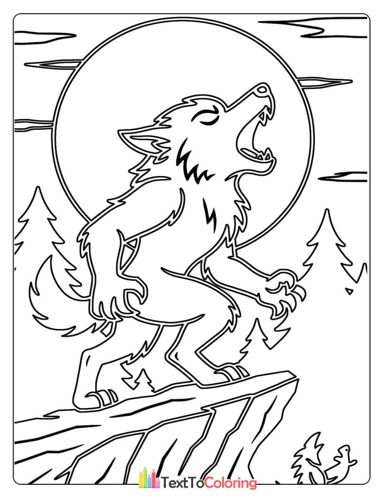 A classic werewolf howling at the full moon while standing on a high mountain cliff.