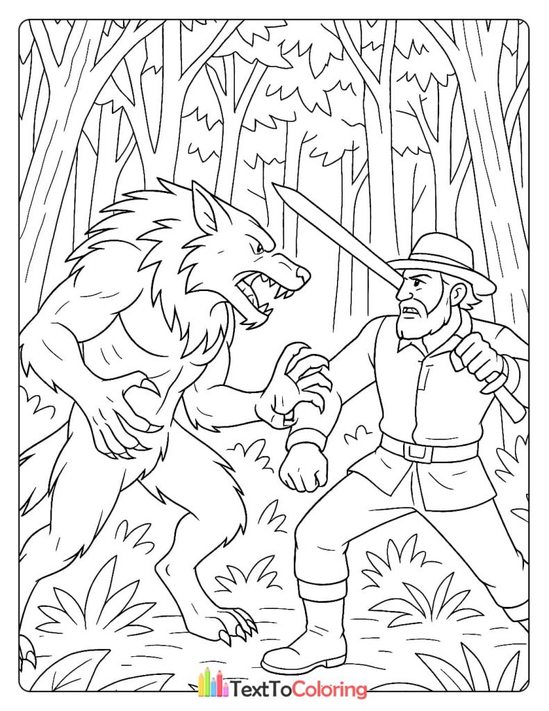 A werewolf and a hunter with a sword in a tense standoff in a forest.