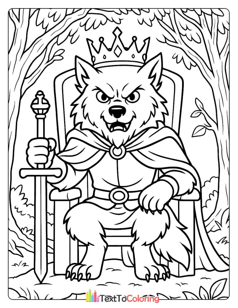 A werewolf wearing a crown and cape, holding a sword while seated on a throne in the forest.