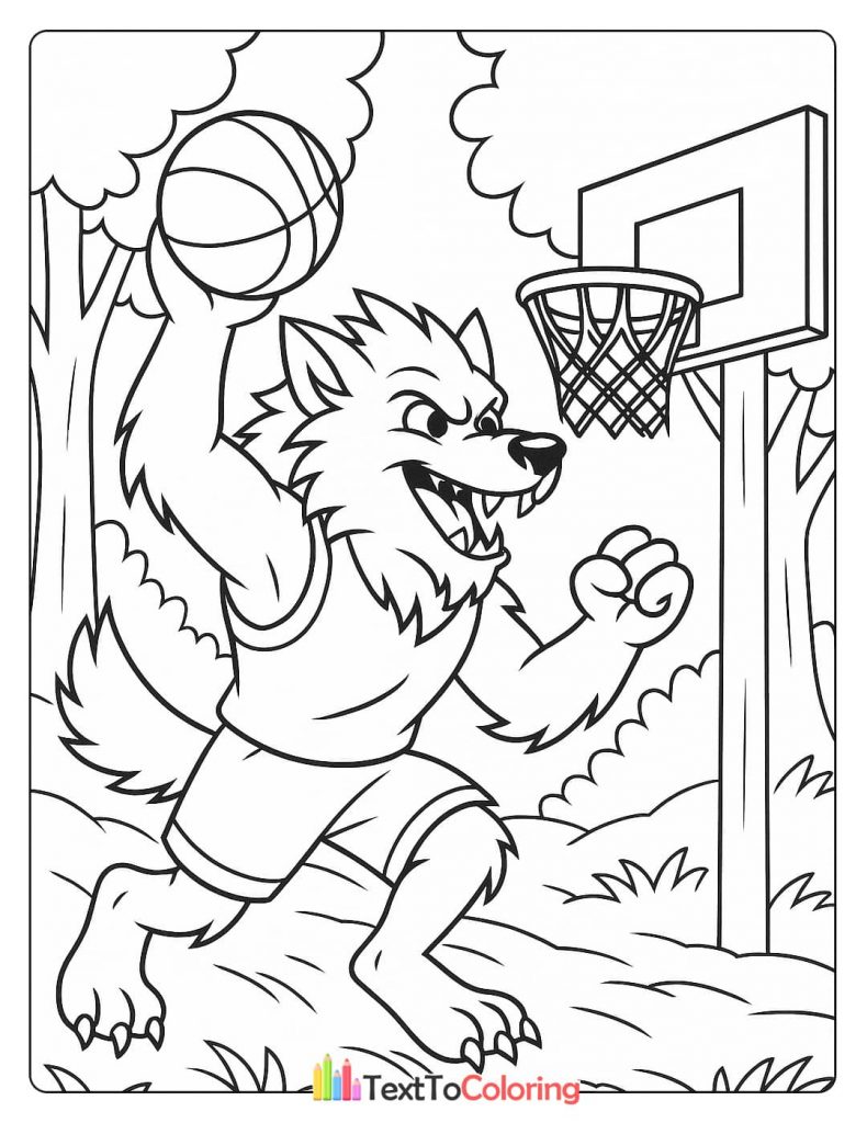 A werewolf in a basketball uniform, getting ready to dunk a ball.